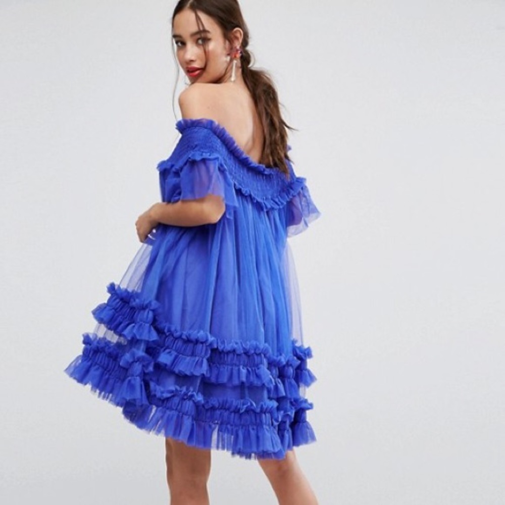 ASOS Bardot Tulle Ruched Mini Dress-Cobalt Size 4
